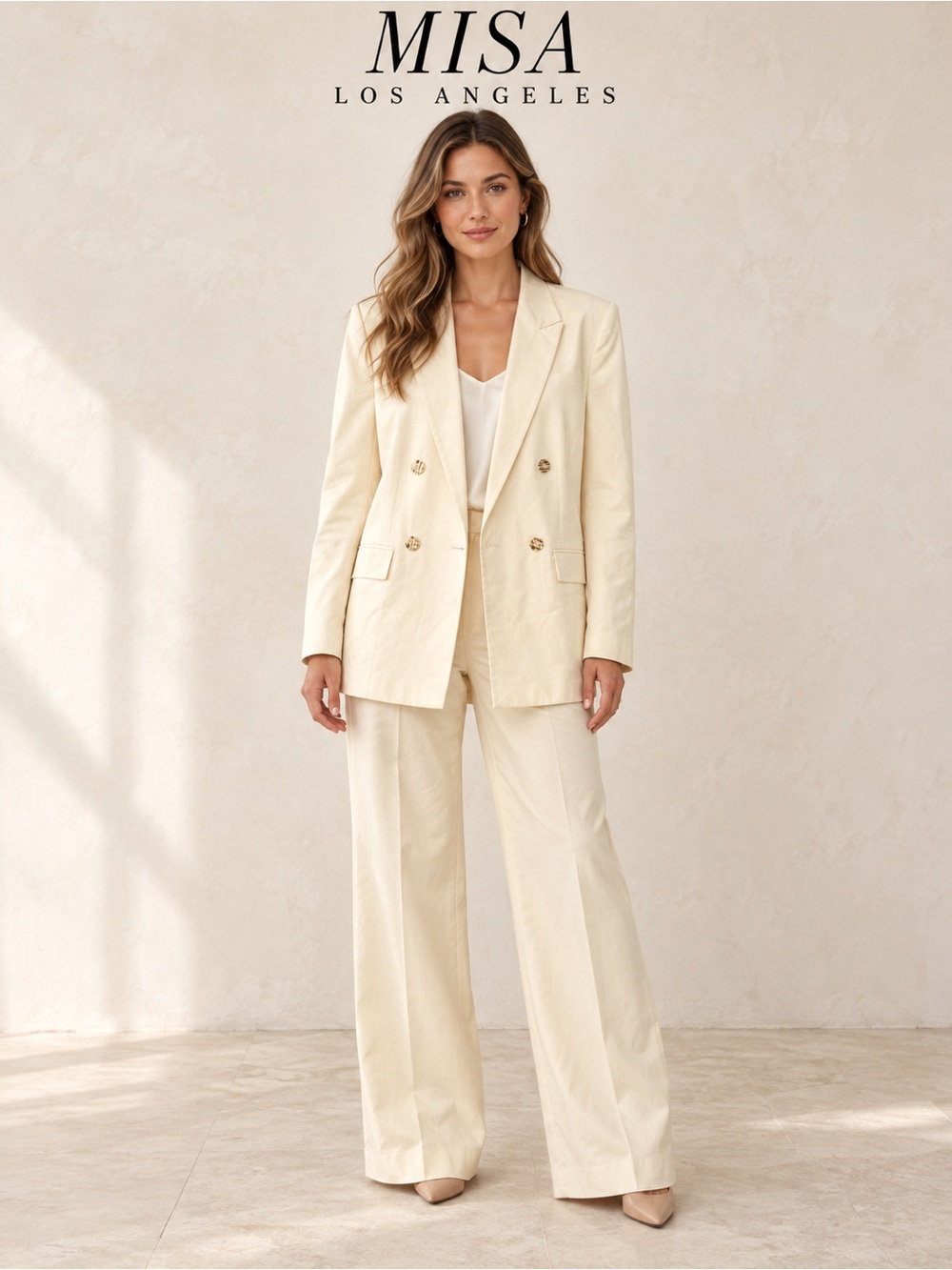 NWT MISA Los Angeles Cream Cotton Double-Breasted 3 Piece Pantsuit  Small